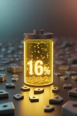 Glowing battery showing 16 percent charge on a surface