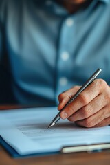Man's hand signing a business contract or agreement with a fountain pen on a desk. Making a deal, approving papers