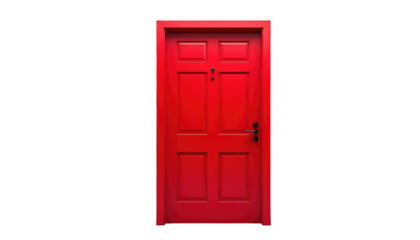 A bright red, paneled door centered on a stark black background, creating a high-contrast, minimalist composition