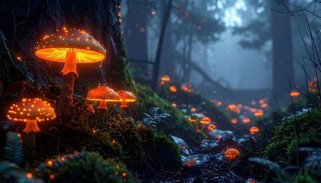 Glowing mushrooms in a forest with a soft, magical light, mossy trees and a dreamy, atmospheric feel - Powered by Adobe