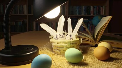 Diy easter bunny rabbits made from white egg and brown eggs in dark room at lamp. Happy Easter concept