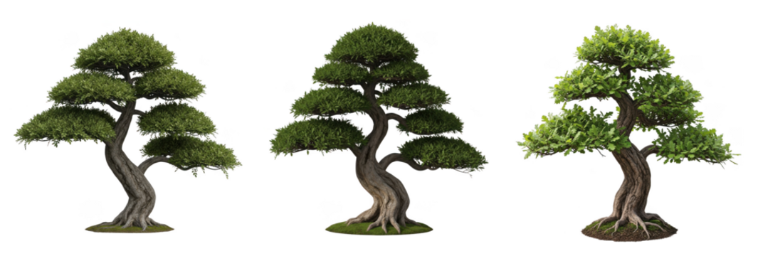 isolated white background of three exquisitely styled green bonsai trees, featuring dense, vibrant foliage and strong, twisted trunks, perfect for minimalist design.