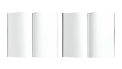 Two open, blank, four-page brochures with a smooth, white surface against a neutral background