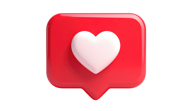 Glossy red speech bubble icon with a white heart, centered on a black background, giving a 3D rendered effect