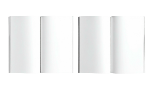 Two open, blank, four-page brochures with a smooth, white surface against a neutral background
