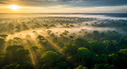 Sunrise over a dense tropical rainforest canopy with dramatic sunbeams piercing through morning mist and fog isolated on transparent background