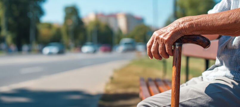 Senior man with wrinkled hand holding a walking cane, sitting on a bench in an urban park. Focus on aging and support