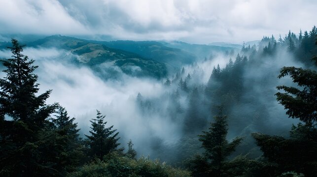 A misty ethereal mountain forest landscape shrouded in thick fog under a cloudy sky