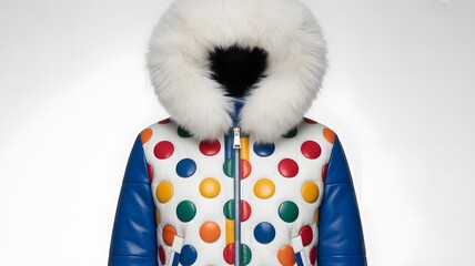 Colorful Polka Dot Winter Jacket with Fur Hood  Modern Fashion Streetwear Design on White Background