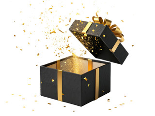 Joyful open black gift box with gold ribbon exploding with confetti. surprise prize present for special celebration or announcement
