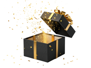 Joyful open black gift box with gold ribbon exploding with confetti. surprise prize present for special celebration or announcement