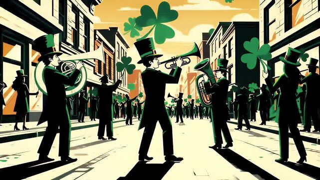 St Patricks Day Parade Marching Band Playing Music on City Street with Shamrocks and Top Hats