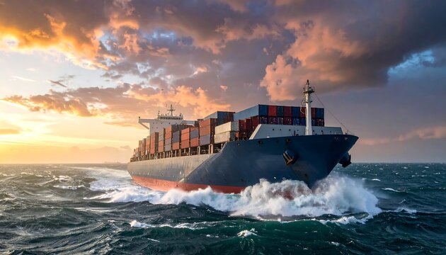 A large cargo vessel traverses ocean waves beneath a dramatic sunset sky. The ship is loaded with containers