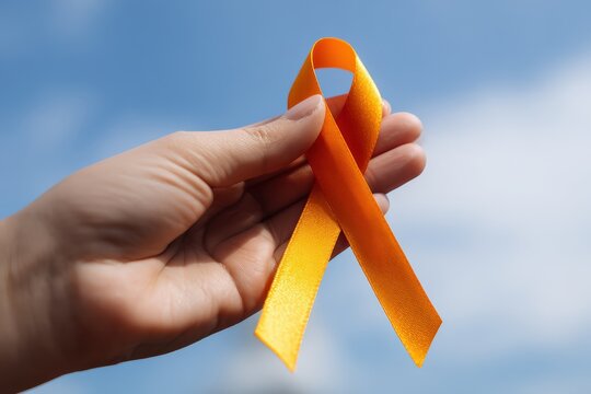 Hand holding an orange awareness ribbon against a blue sky, symbolizing support and hope for leukemia and multiple sclerosis