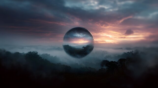 A transparent sphere captures a misty forest landscape during a vibrant sunset