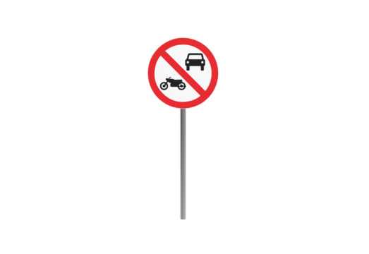 No Cars and Motorcycles Sign Vehicle Restriction Red Circle with Cross Bar Signalling Prohibited Transportation Vehicles Road Safety Regulation Informative Notice on Pole Isolated