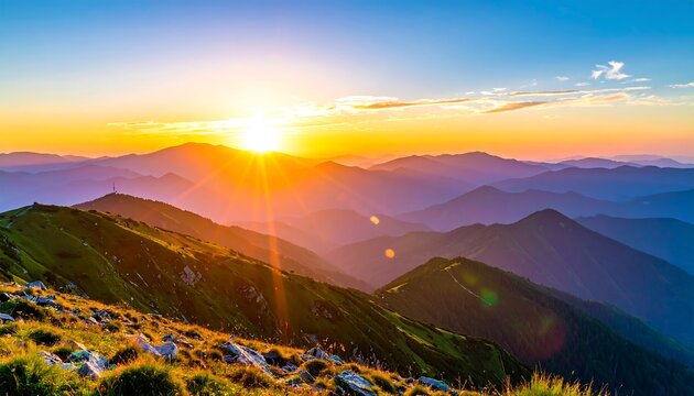 Golden sunset over hazy layered mountains, grassy peak in foreground, blue sky - Powered by Adobe