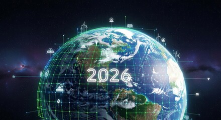 Futuristic vision of Earth in 2026 with a global network and sustainable energy icons.