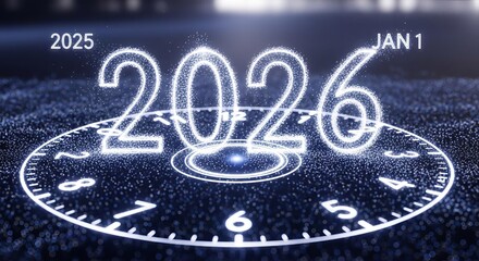 A digital clock face displays the year 2026 with glowing numbers, marking the transition from 2025 to the new year.