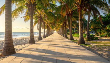 Obraz premium Coastal Pathway Lined with Coconut Palm Trees Leading to a Tropical Island Beach with Turquoise Reef and Ocean Waves Under Warm Sunlight