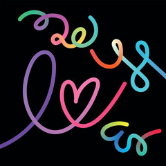 Colorful glow sticks shaped into hearts and swirls on a black background