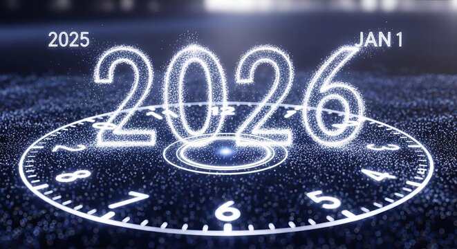 A digital clock face displays the year 2026 with glowing numbers, marking the transition from 2025 to the new year.