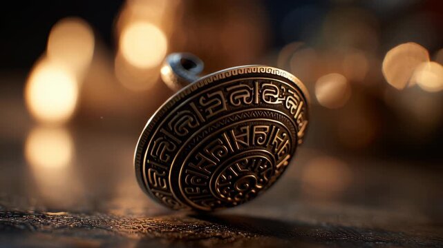 A silver object. There are lights in the background. Macro shot of carved dreidel tipping at angle ready to fall, dramatic shallow depth of field, warm festive lighting, dreidel game