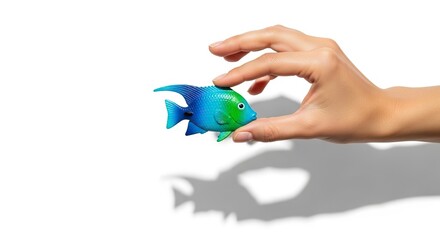 A hand is holding a small blue and green toy fish against a white backdrop with a faint shadow