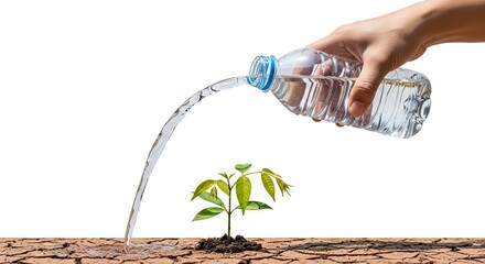 A hand pours water from a bottle onto a small plant in dry soil