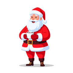 Cheerful Santa Claus holding a mug of hot chocolate on white background, Concept of idea design for t-shirt  