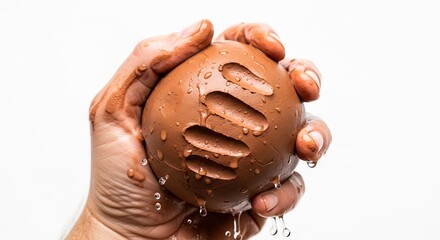 A hand squeezes a mud ball with distinct finger indents against a white background and water droplets drip from it