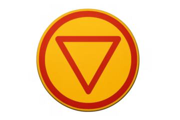 Circular road sign with an inverted red triangle on a yellow background, indicating the end of a priority road. Transparent background