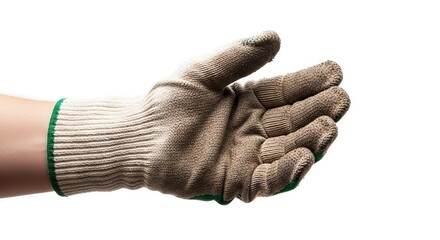 A hand wearing a tan and green gardening glove cupped open