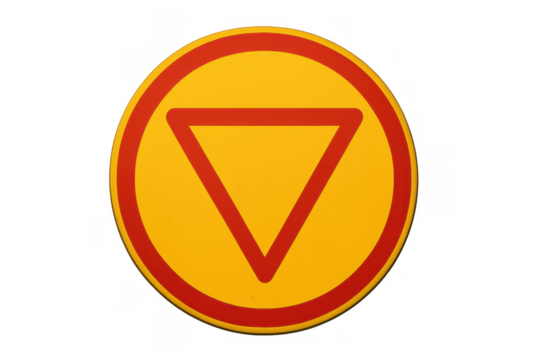 Circular road sign with an inverted red triangle on a yellow background, indicating the end of a priority road. Transparent background