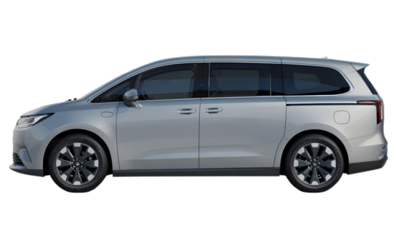 Side profile of a silver electric minivan with a modern, elongated body and stylish alloy wheels