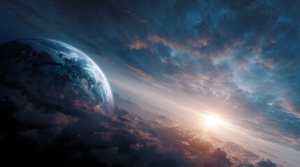 A serene view of planet Earth from space bathed in the warm glow of a setting sun with clouds painting the sky