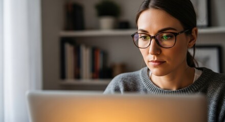 Describe the main subject woman using a laptop, working, indoor