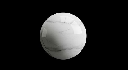 A highgloss white marble sphere with grey veining floats against a solid black backdrop