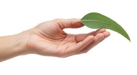 A human hand gently holds a green leaf against a white background