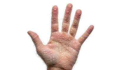 A human hand covered in soap bubbles on a white background