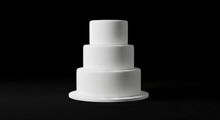 A threetiered white undecorated cake stands on a white platform against a black backdrop