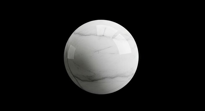 A highgloss white marble sphere with grey veining floats against a solid black backdrop - Powered by Adobe