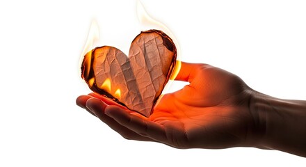A human hand holds a burning heartshaped piece of paper against a stark white backdrop