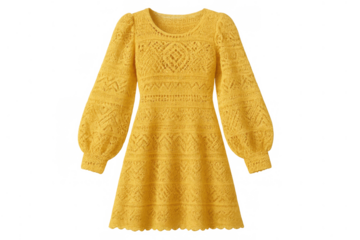 Yellow knitted dress featuring pointelle patterns, long puff sleeves, and a scalloped hem, presented on a transparent background