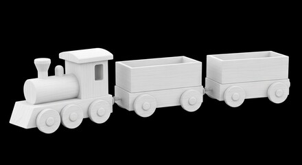A white wooden toy train engine with two boxcars