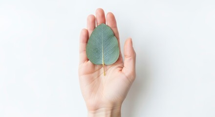 A human hand holds a eucalyptus leaf against a white background