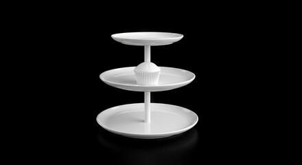 A white 3tiered stand holds a matching cupcake against a stark black backdrop