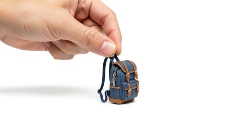 A human hand holds a miniature blue backpack with brown straps