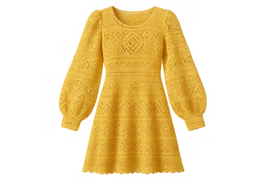 Yellow knitted dress featuring pointelle patterns, long puff sleeves, and a scalloped hem, presented on a transparent background