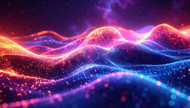 Glowing neon waves ripple with depth, colors blend from warm red to cool blue against a cosmic, stellar background